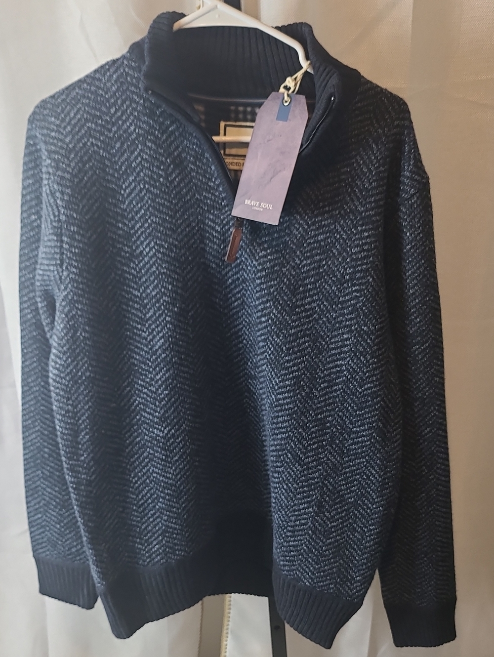 The Brave Soul London Heavy Weight Bonded Herringbone Quarter-Zip Sweater Mens M